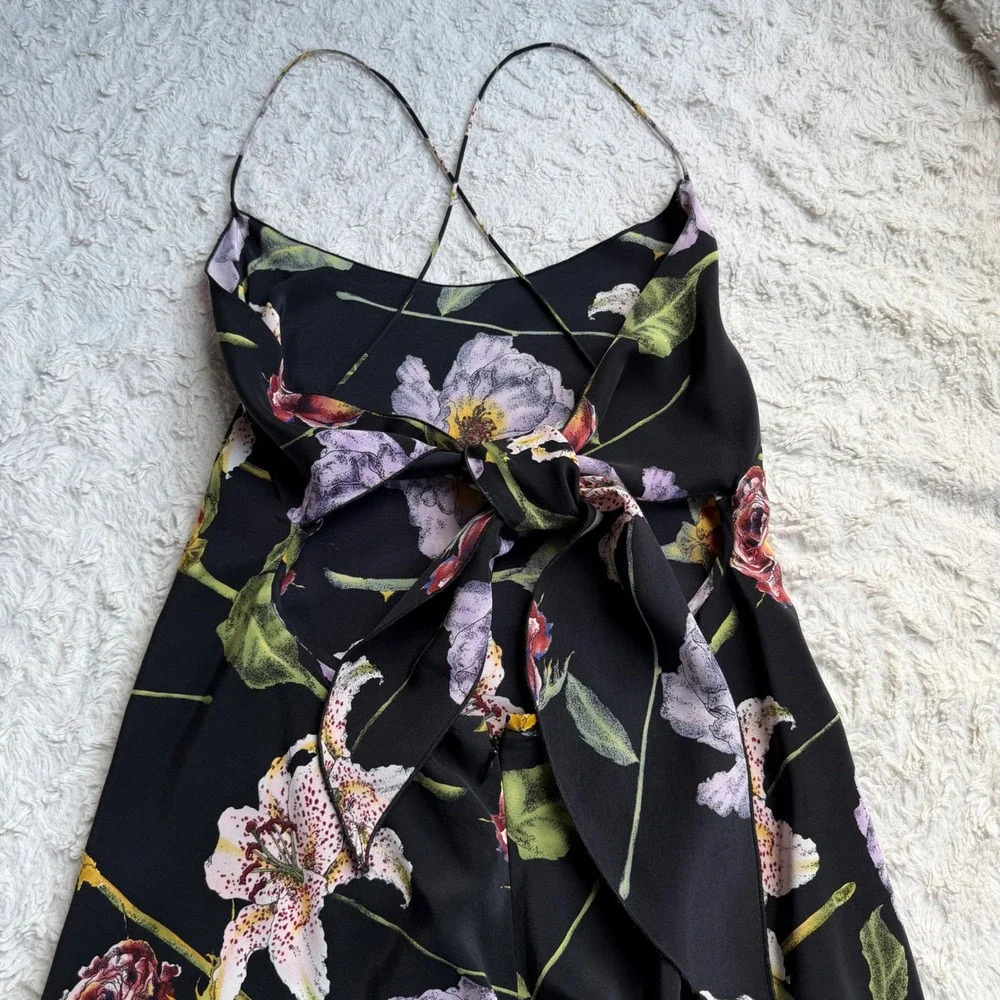 Nicole Miller Silk Floral Slip Dress Black Y2K Vintage Open Tie Back Small 4